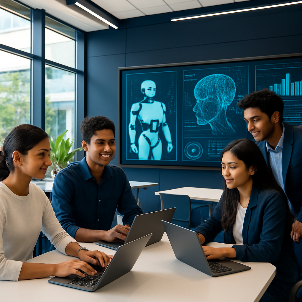 A bright future-ready classroom lab with students collaborating on AI projects