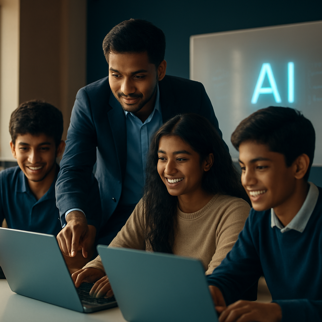 Students working together on laptops during an AI workshop with a volunteer teacher